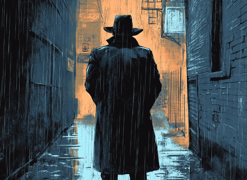 A silhouette of a noir detective in a trench coat standing in a rain-soaked alley, illuminated by the warm glow of streetlights.