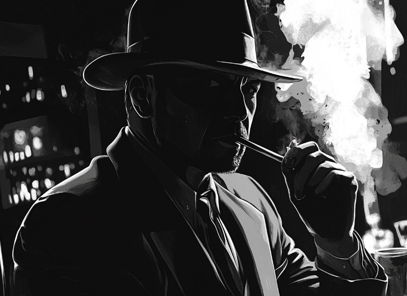 A noir detective in a fedora and suit, sitting in a dimly lit bar, smoking a cigarette with swirling smoke in the foreground.