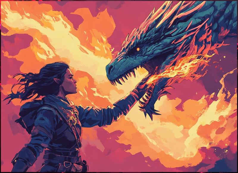 A fierce standoff between an elf warrior and a fire-breathing dragon, set against a backdrop of fiery skies. The elf bravely faces the dragon with outstretched hand, embodying courage and determination.