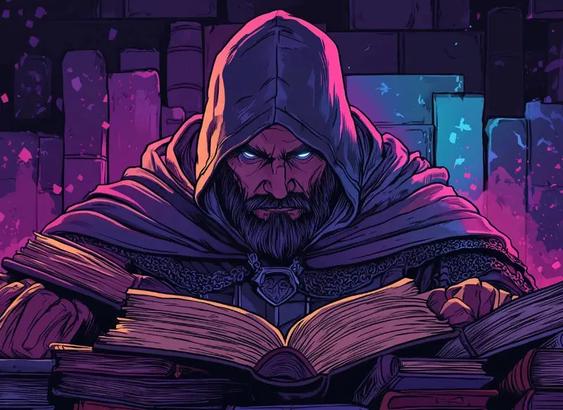 A hooded Dungeon Master with glowing blue eyes surrounded by ancient tomes and a magical glow, symbolizing the creativity and planning behind immersive tabletop RPG adventures.