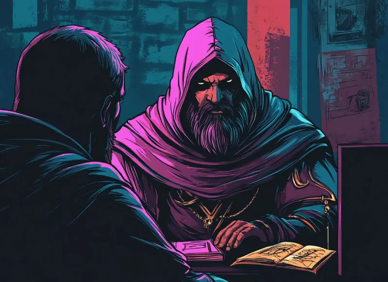 A hooded Dungeon Master sitting across from a psychologist, discussing their imperfections and challenges in storytelling and game mastering.