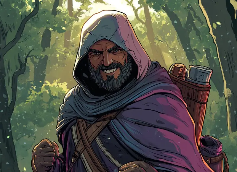 A hooded Dungeon Master standing in a sunlit forest, symbolizing the journey of storytelling and the importance of enjoying the adventure over perfection.