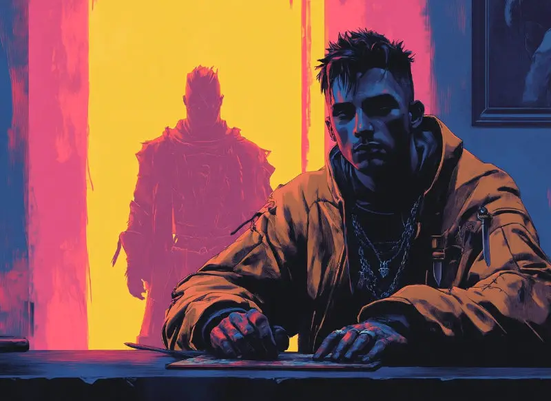 A tabletop role-playing game player in modern attire, seated at a gaming table, with the silhouette of their medieval fantasy character standing behind them, creating a striking contrast between reality and imagination