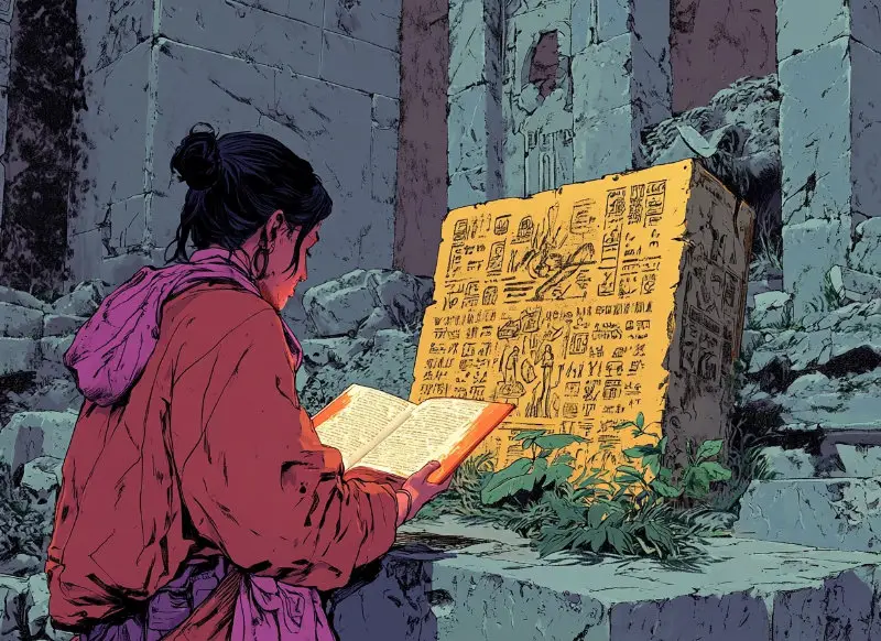 A character examining ancient inscriptions on a stone tablet in a ruined city, with an open book in their hands for reference.