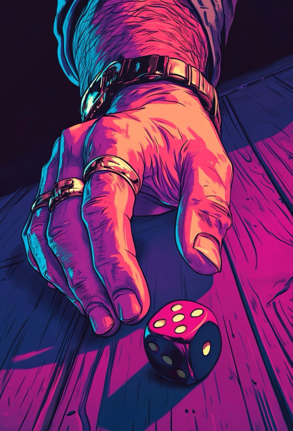 A dramatic close-up of a hand rolling a dice on a wooden surface, illuminated by vibrant neon lighting in pink and purple tones.