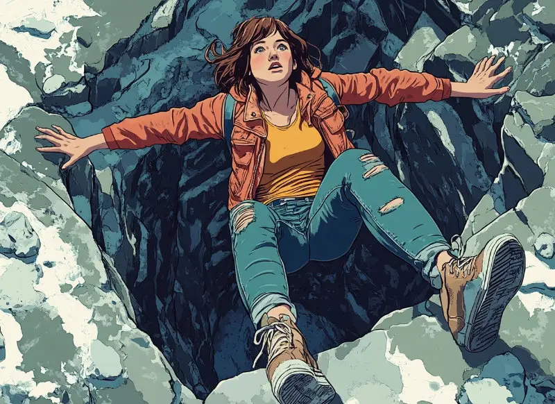 Text: A young woman slipping into a rocky crevasse, symbolizing avoiding common pitfalls in tabletop role-playing games.