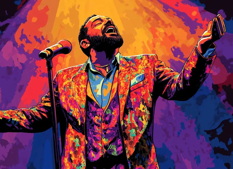 A flamboyant actor passionately performing on stage, illuminated by vibrant orange and purple lights, wearing a colorful, extravagant suit.