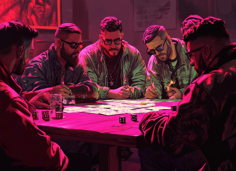 A group of friends sitting around a table playing a tabletop role-playing game. Dice, character sheets, and a map are spread across the table as they engage in lively interaction, highlighting the collaborative storytelling element of RPGs.