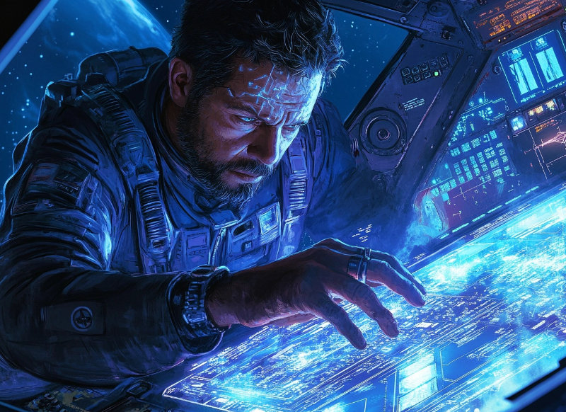 A space pilot deeply focused on holographic navigation maps in a high-tech spaceship cockpit.