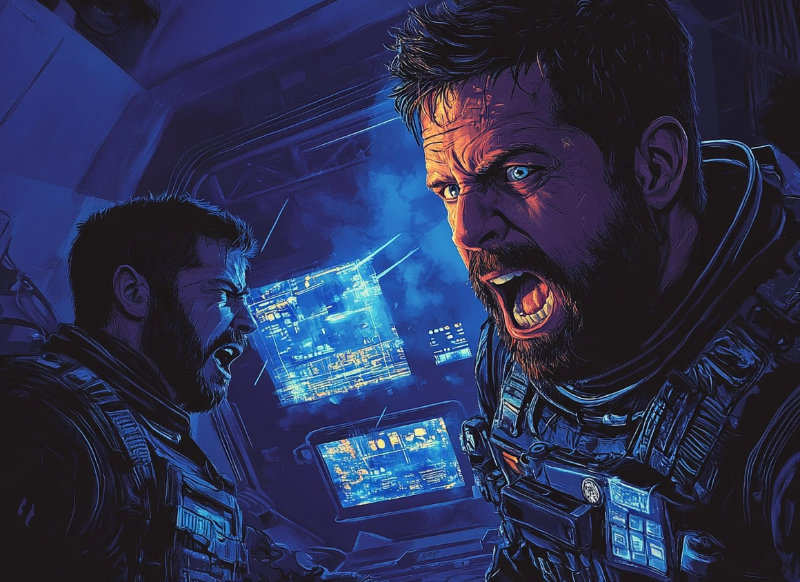 A space pilot in a high-tech suit shouting in frustration inside a spaceship cockpit, surrounded by glowing holographic displays.