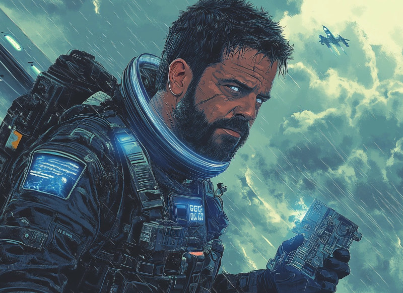 A rugged space pilot standing on a platform in the rain, holding a futuristic device, with stormy skies and spaceships overhead.