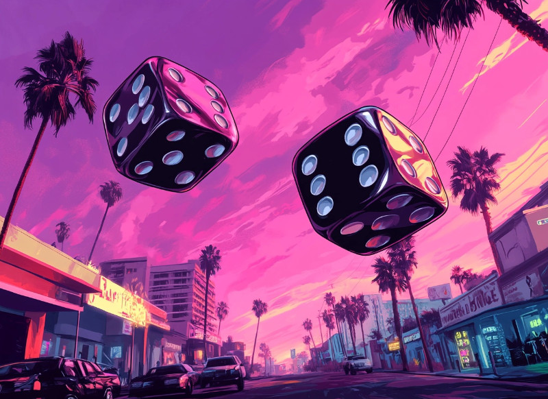 Two oversized dice floating above a vibrant city street with palm trees and a neon-lit sunset sky. The dice dominate the scene, adding a surreal and playful touch to the urban environment.